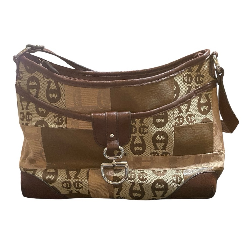 Etienne Aigner Brown and Tan Designer Monogram Print Shoulder Bag